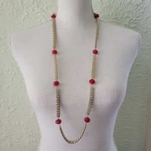 Vtg Long Stationary Necklace Red Faceted Glass Beads Mesh Chain Gold Tone 34"